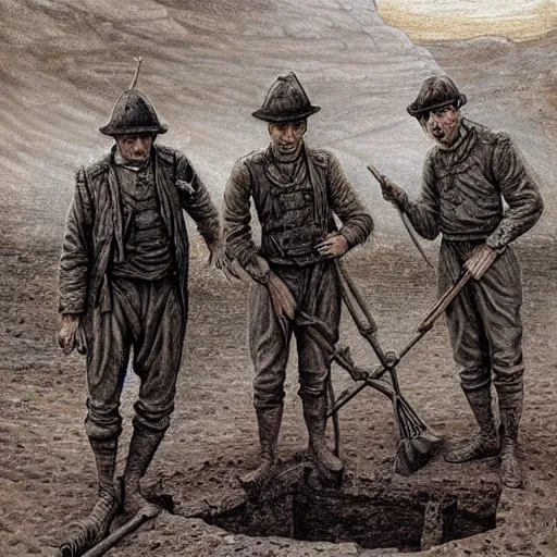 Image similar to ultra detailed photorealistic sepia - toned painting from 1 9 1 7, three british soldiers standing at an archaeological dig site in wadi rum, ultra realistic, painted, intricate details, lovecraft, atmospheric, dark, horror, brooding, highly detailed, by clyde caldwell