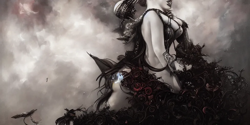 Image similar to By Tom Bagshaw, ultra realist soft painting of curiosities carnival by night, very beautiful horn sleeping female gothic wearing corset, partial symmetry features, very intricate details, omnious sky, black and white, volumetric light clouds