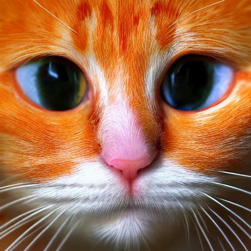 Image similar to what a orange and white kitty looks like from the perspective of a mouse. Ultra realistic 4k arstation instagram