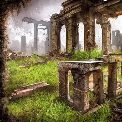 Prompt: a cat living in a post apocalyptic world, ruines, lush trees and beautiful gardens, remnants of the old civilization that once lived, highly detailed photograph.