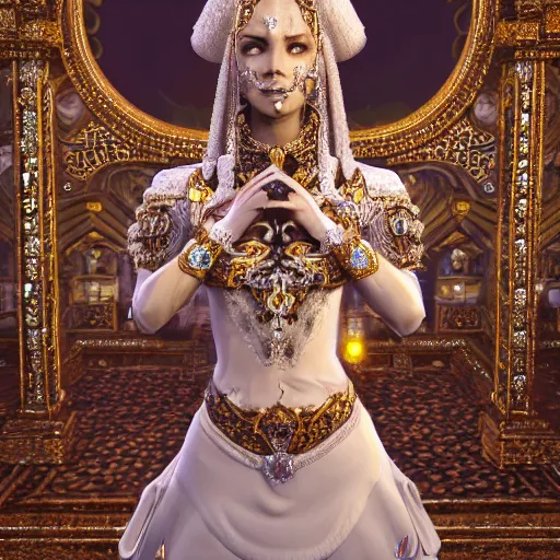 Prompt: portrait of pretty princess with perfect skin, glowing, ornate and intricate diamond jewelry, jaw dropping beauty, ornate and intricate backdrop, white accent lighting, hyper detailed, 4 k octane render