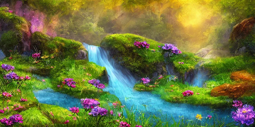 Image similar to a fantasy meadow landscape with waterfall, lake, river, and patches of blue flower, digital art, painterly