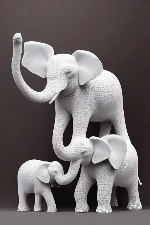 Image similar to ultra - realistic 3 d render of porcelain mother elephant and child elephants made of vines and infected with flowers, beautiful, elegant