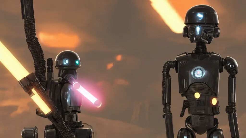 Image similar to K-2SO, wearing a hooded cloak, holding an orange bladed lightsaber on a star wars planet, extremely detailed, beautiful lighting