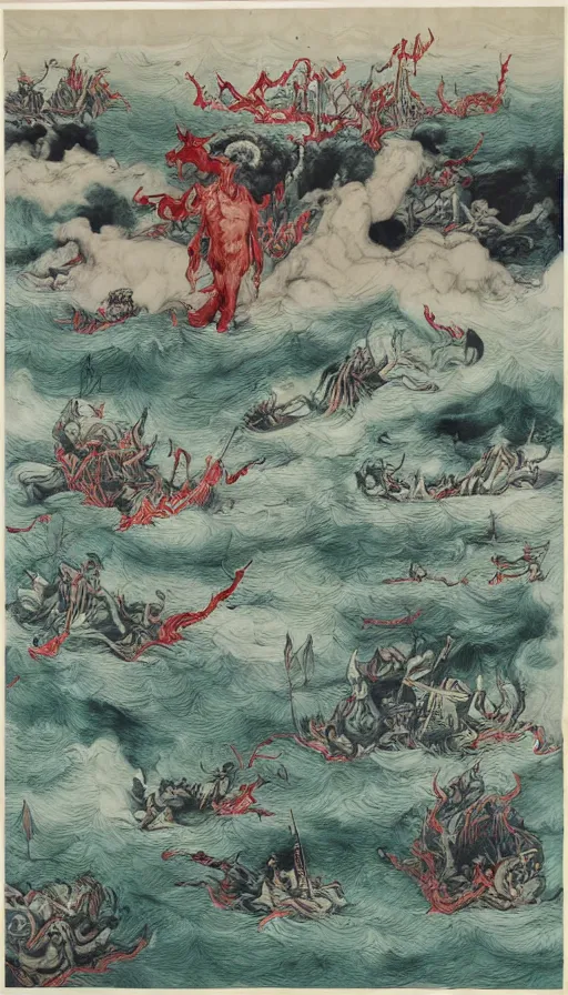 Image similar to man on boat crossing a body of water in hell with creatures in the water, sea of souls, by zeng fanzhi
