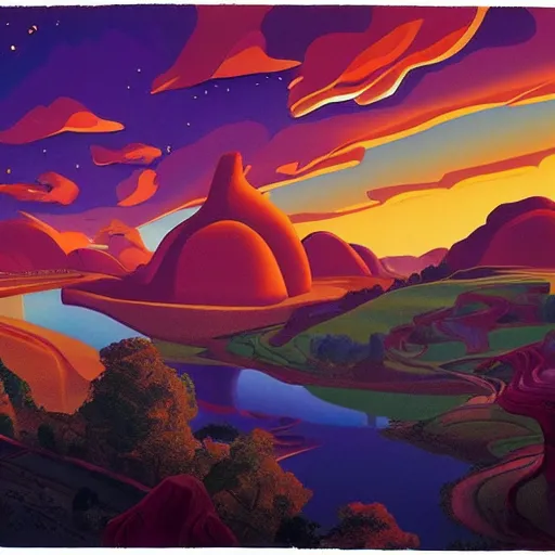 Prompt: hanna barbera, beige imposing, fine by alex ross. a illustration of a landscape. it is a stylized & colorful view of an idyllic, dreamlike world with rolling hills, peaceful animals, & a flowing river. the scene looks like it could be from another planet, or perhaps a fairy tale.