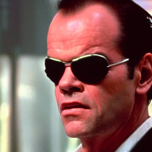 Image similar to Jack Nicholson as Agent Smith on the matrix, 1999, close-up, cinematic composition, cinemascope,