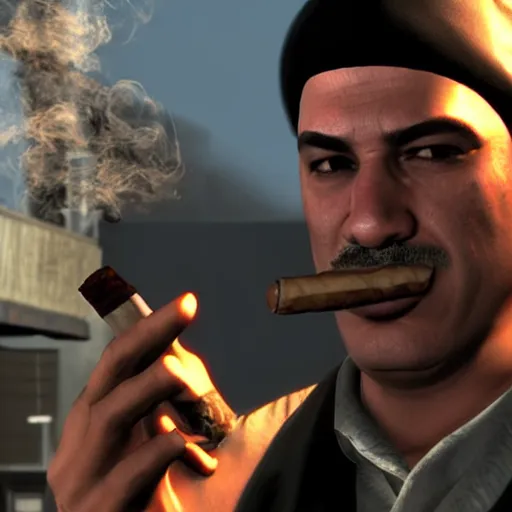 Prompt: Raul Menendez smoking a cigar, Black Ops 2 screenshot