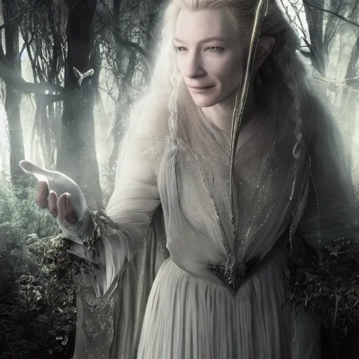 Prompt: portrait of ((mischievous)), baleful young Cate Blanchett as Galadriel as a queen of fairies, dressed in a beautiful silver dress. The background is a dark, creepy eastern europen forrest. night, horroristic shadows, high contrasts, lumnious, photorealistic, dreamlike, (mist filters), theatrical, character concept art by ruan jia, thomas kinkade, and J.Dickenson, trending on Artstation