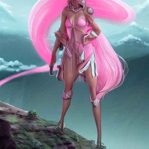 Prompt: Pink Vapor Enchantress Overlooking her Village, illustration, digital art, illustration, artgerm, cgsociety, fantasy, magic