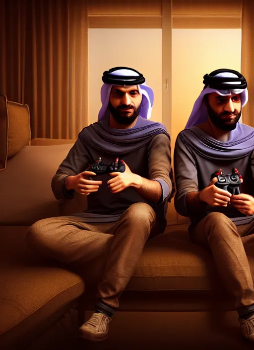 Image similar to portrait, twins playing video games, sheik mohammad ruler of dubai, hyperdetailed illustration by irakli nadar and alexandre ferra, intricate linework, unreal engine 5 highly rendered, global illumination, detailed and intricate environment