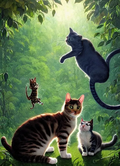 Image similar to a hyper realistic cat meeting an alien. and sunbeams blue sky, lush forest foliage painting by chiara bautista and norman rockwell and greg rutkowski weta studio, and lucasfilm