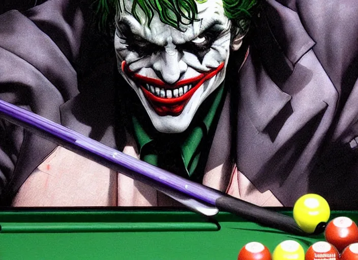 Image similar to a highly detailed beautiful portrait of the joker playing pool by yoji shinkawa