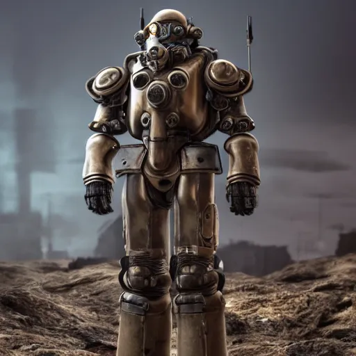 Prompt: a soldier wearing a full set of steam - powered power armor, steampunk, 3 d render octane, ray tracing, ultra high detail, photorealistic