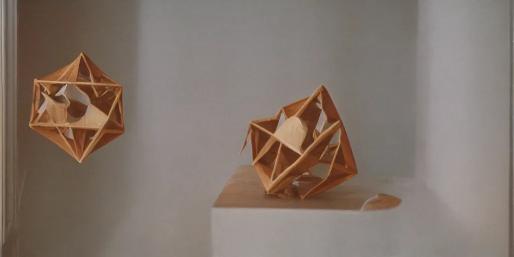 Prompt: 1980s magazine photo of wooden icosahedron, next to a window with dappled natural light, smoky