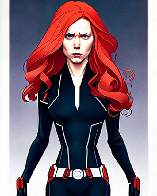 Image similar to phil noto comicbook cover art, black widow marvel, symmetrical eyes, long red hair, full body, city rooftop