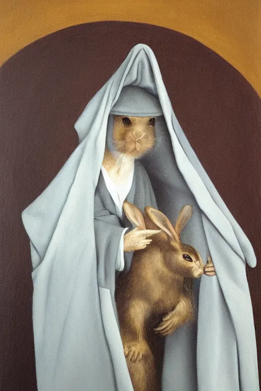 Image similar to silly hierronymus bosch oil painting portrait of a bunny in a coat. muted colour palette