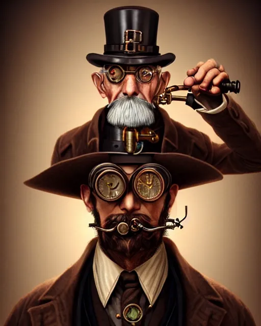 Prompt: steampunk old man portrait, handsome, steampunk hat, detective coat, steampunk monocle, smoking pipe, hyper realistic 3 d render by ilya kuvshinov, peter mohrbacher, greg rutkowski, ryohei hase, dramatic lighting, intricate, highly detailed, sharp focus, luminous, unreal engine, blender, deviant art, masterpiece, ray tracing