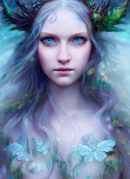 Image similar to portrait of a gorgeous fairy princess of the forest, perfect blue eyes, detailed iridescent fractal pattern skin, 8k render, ultra realistic, cinematic lighting, artstation, artgerm, Seb McKinnon