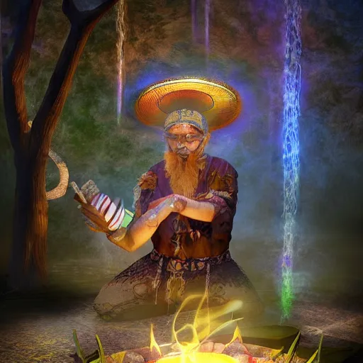 Image similar to a shaman preparing a magic decoction in a dreamy atmosphere, 4 k, 3 d, digital painting