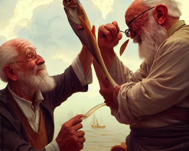Image similar to detailed painting of an old man slapping a man with a fish, deep focus, d & d, fantasy, intricate, elegant, highly detailed, digital painting, artstation, concept art, matte, sharp focus, illustration, hearthstone, art by artgerm and greg rutkowski and alphonse mucha