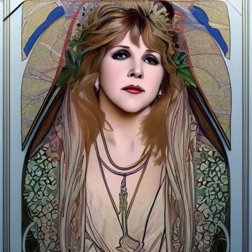 Image similar to beautiful lifelike award winning pencil illustration of stevie nicks trending on art station alphonse mucha cinematic atmospheric