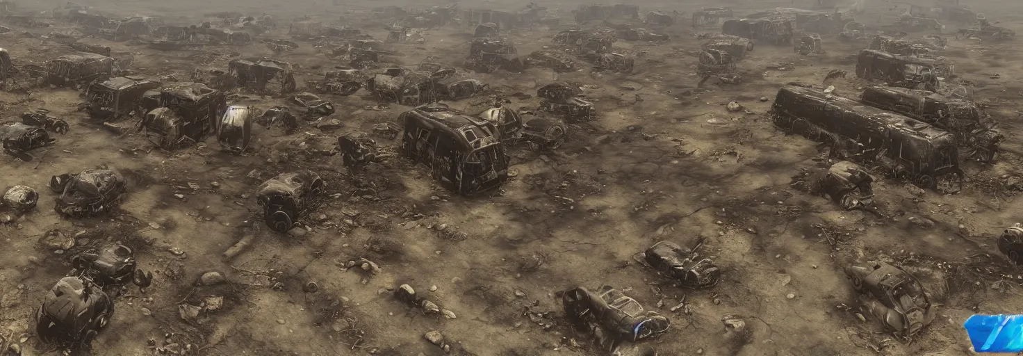 Prompt: wastelands by a sunny day, year 2 3 5 9, after a nuclear outcome, detailed ground, smooth and high resolution, unique bus wreck, impacts, clear atmosphere