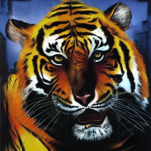 Prompt: tiger in the cityby dave mckean and yoji shinkawa, oil on canvas