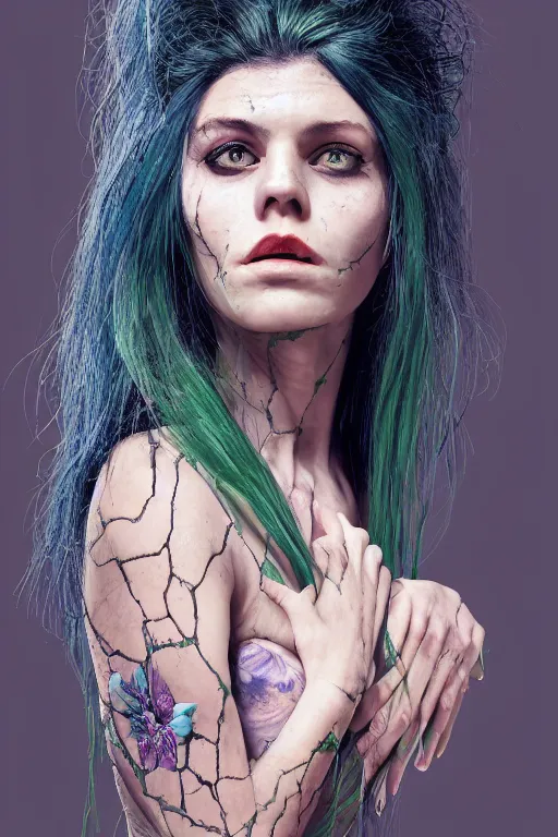 Image similar to portrait of a woman with cracked stripped skin. close up, dark blue-green hair, dark flower pattern wallpaper background, high detail, by Eddie Mendoza