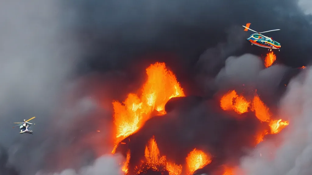 Image similar to person wearing a sponsored team jersey with logos jumping out of a helicopter with a surfboard into a volcano, action shot, dystopian, thick black smoke and fire, sharp focus