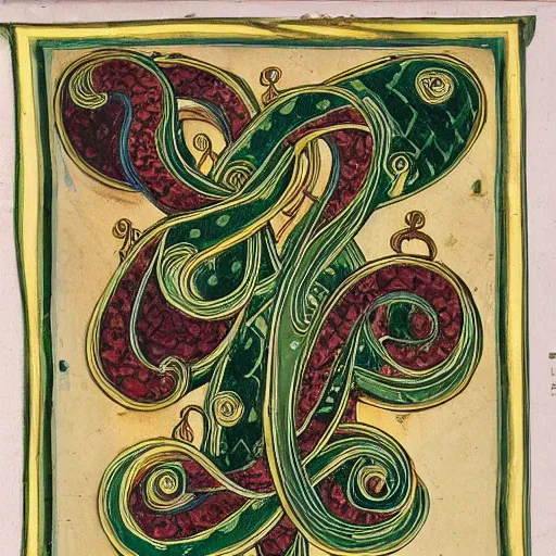Prompt: a beautifully ornate and illuminated letter A, entwined serpents, vines, highly detailed