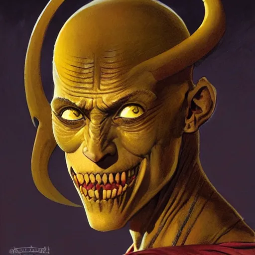 Prompt: ( ( ( head and shoulders portrait of a gaunt noseless yellow - skinned bald githyanki warrior in a breastplate ) ) ), greg rutkowski, frank frazetta, alexandre chaudret, boris vallejo, michael whelan, miro petrov, hr giger, magali villeneuve, donato giancola, d & d, fantasy, medieval