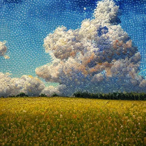 Prompt: oil paint impasto reliefs of summer fields painted with thick heavy expressive paint and cumulus clouds, less thick expressive paint crudely pointillist in parts, some splattered paint