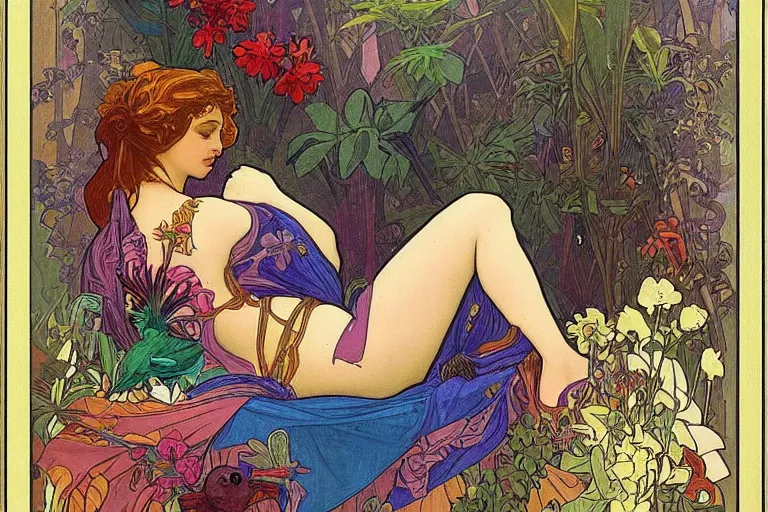 Image similar to “the goddess BABALON laying on her side; surrounded by exotic jungle flowers and parrots. In the art style of Alphonse mucha and rutkowski.”