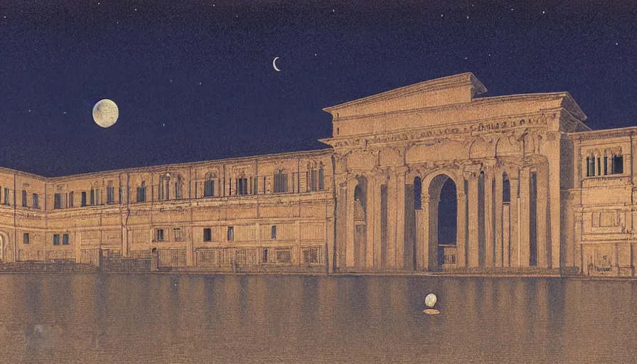 Prompt: italy historical sites at night with moon, by hasui kawase, silent, loneliness, cinematic composition