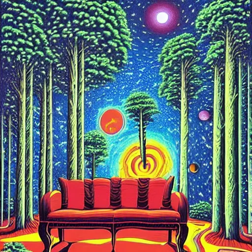 Prompt: psychedelic trippy eyes pine forest, planets, milky way, sofa, cartoon by rob gonsalves