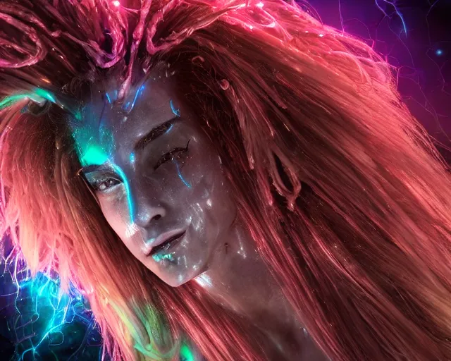 Image similar to glowing hair, singularity, complex cybernetic beings, beautiful hairy humanoids, cybergods, cybermagnetosphere, cybernetic civilizations, ornate hair, love, joy, vortexes, large arrays, data holograms, 8 k, cinematic light shadows, wet hdr refractions