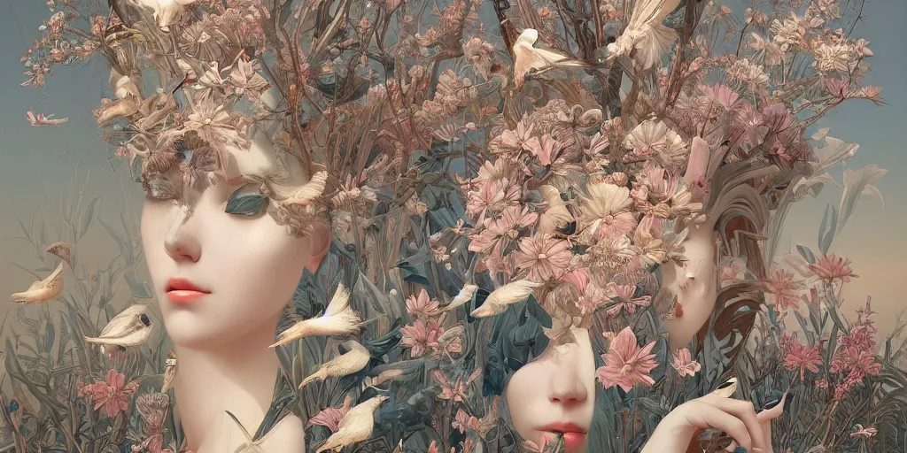 Image similar to breathtaking detailed concept art painting art deco pattern of blonde faces goddesses amalmation insects with anxious piercing eyes and blend of flowers and birds, by hsiao - ron cheng and john james audubon, bizarre compositions, exquisite detail, extremely moody lighting, 8 k