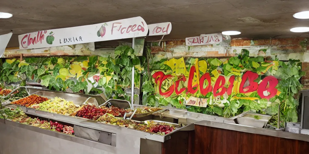 Image similar to an abandoned salad bar from the 6 0 s, the sign features several fruits along with a cornucopia and the words salad bar