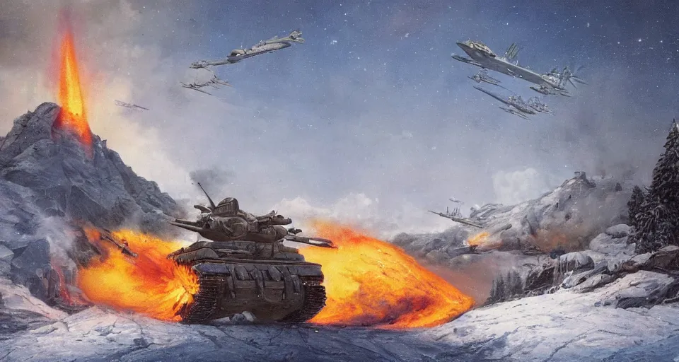 Image similar to snowy mountain, second world war fighting against ufo, aliens, tanks, jet fighters, missiles, with anti aircraft guns, with fire and smoke in the background by eugene von guerard, ivan shishkin, dramatic lighting, concept art, trending on artstation, 8 k