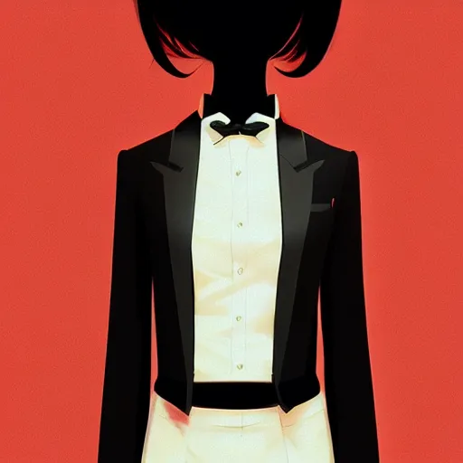 Image similar to slim girl in black tuxedo, corporate boss, luxury, 2d, ultra highly detailed, smooth, sharp focus, digital art, digital painting, fan art, elegant, artstation, by Ilya Kuvshinov