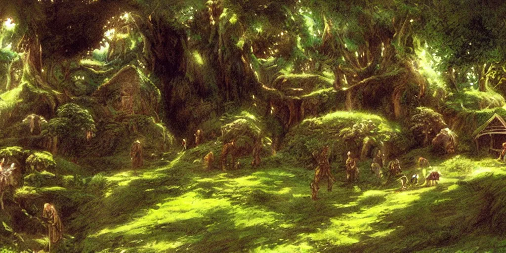 Image similar to lush and beautiful concept art for the shire, lord of the rings, peter jackson, studio ghibli, detailed,