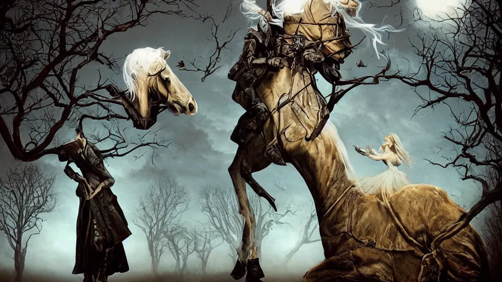 Image similar to washington irving's headless horseman theme surrealist art in the styles of igor morski, jim warren, and a tim burton film, intricate, hyperrealistic, volumetric lighting