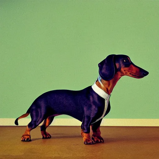 Prompt: dachshund conducting an orchestra, 8 k, color film, photorealistic,