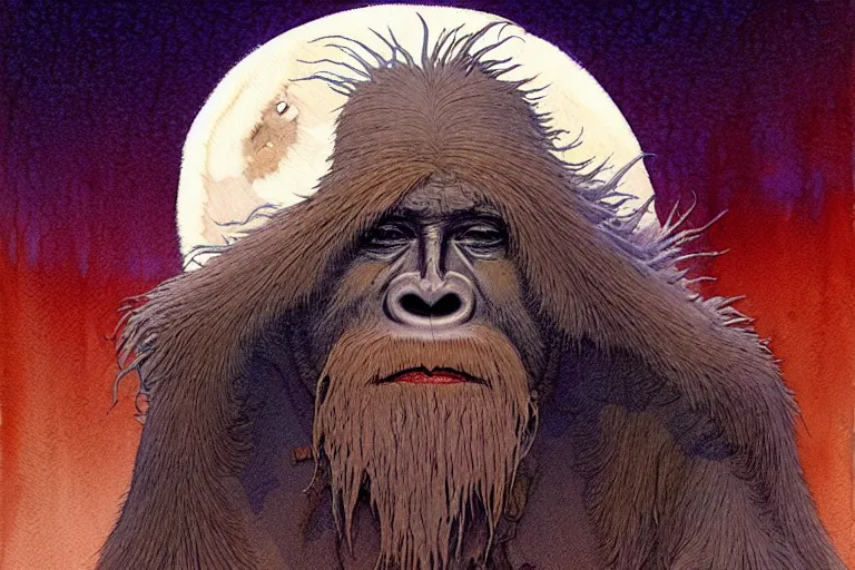 Prompt: a hyperrealist watercolour character concept art portrait of a highly detailed blessed yeti on a well lit night lost in nevada desert. a ghost flies over head. full moon. by rebecca guay, michael kaluta, charles vess and jean moebius giraud