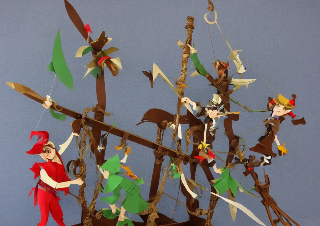 Image similar to a stylized cut paper sculpture of peter pan and captain hook sword fighting on a pirate ship