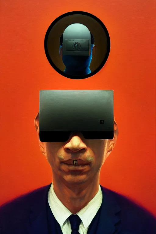 Image similar to Satoshi Nakamoto wearing oculus and bitcoin over his head Edward Hopper and James Gilleard, Zdzislaw Beksisnski, highly detailed