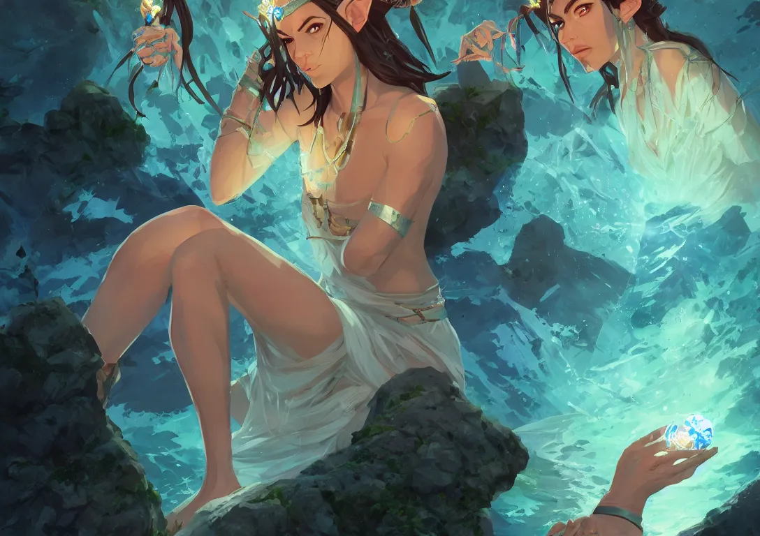 Image similar to half orc half elf woman, beautiful face and small orc tusks, holding a glowing diamond, tropical mage dress with high slit, several layers of fabric, sitting in glowing blue water in a cave, by ilya kuvshinov, krenz cushart, Greg Rutkowski, trending on pixiv