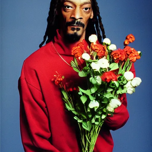 Prompt: Snoop Dogg angry while holding a Vase of flowers for a 1990s sitcom tv show, Studio Photograph, portrait, anger C 12.0