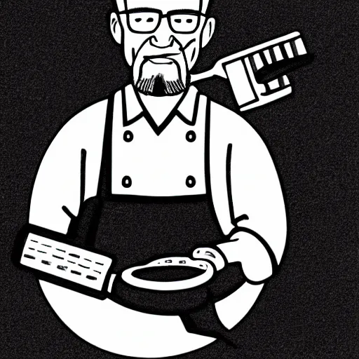 Prompt: black and white pencil sketch cartoon drawing of walter white cooking a pizza with a blowtorch